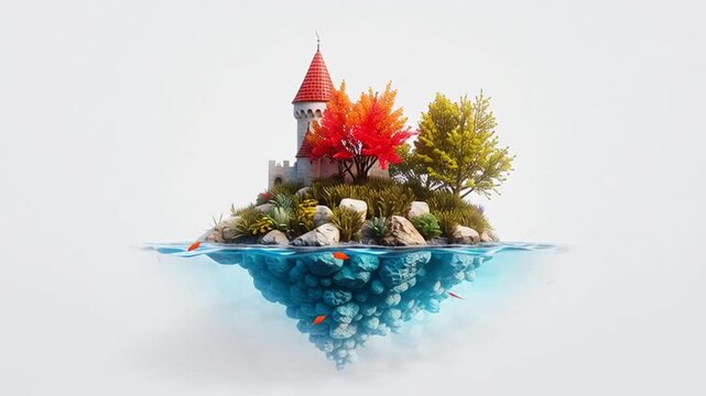 A coral castle ruled by merfolk, white background