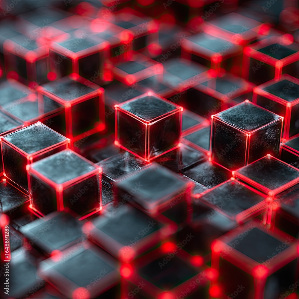 Poster a grid of gray cubes with red glowing edges some elevated above the others close up