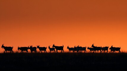 Naklejka premium A line of goats moves gracefully on a hilltop during a vibrant sunset, highlighting nature's beauty.