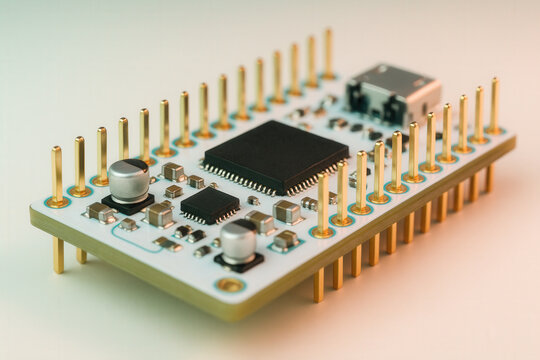 Microcontroller Development Board With Gold Pins And Surface-Mount Components, Embedded Electronics Hardware - Powered by Adobe