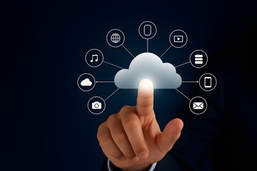 Finger touching glowing cloud with connected digital icons representing data and services
