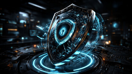 Businessman hand touches a shield, cybersecurity protects sensitive information, prevents unauthorized access, ensures data integrity, and maintains system reliability.