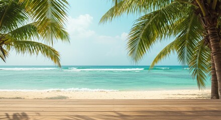 Tropical beach scene, wooden platform
