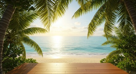 Tropical beach sunrise from a wooden deck