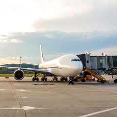 Large passenger jet at gate, ready for boarding, with jet bridge attached