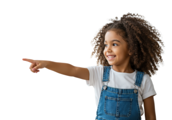 A cheerful mixed-race girl, 5-7, curly brown hair, white tee, blue overall dress, pointing left, direct eye contact in soft studio light, blurred bokeh background, concept of new opportunities and