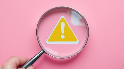 Magnifying glass focusing on warning sign on pink background concept of problem solving