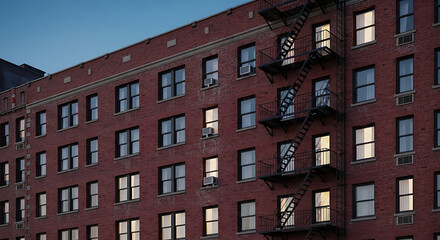Fototapeta premium Exterior view of a brick apartment building with fire escape and illuminated windows.