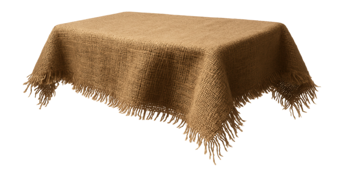 A rustic burlap tablecloth with frayed edges, providing a charming backdrop for a farmhouse-style dinner in the backyard.