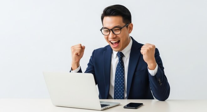 Exuberant asian businessman showing achievement while using laptop. Happy professional celebrating online success. Office worker happy with job.