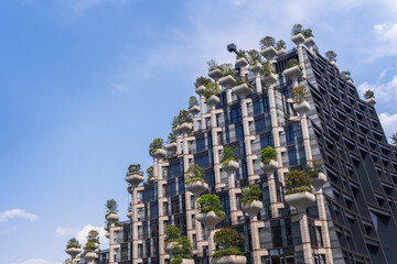  Shanghai. Innovative building design with rooftop gardens highlights sustainable architecture in Shanghai, China.