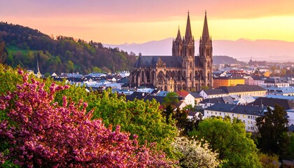 Obraz premium Panoramic view of cathedral city at dawn