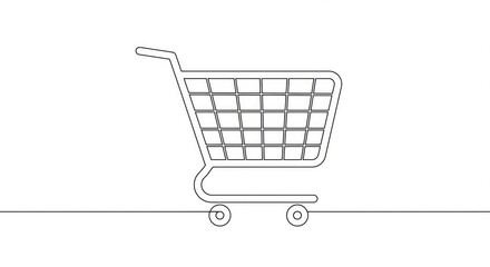 Minimalist continuous line drawing of a shopping cart on a white background, symbolizing commerce and purchasing power