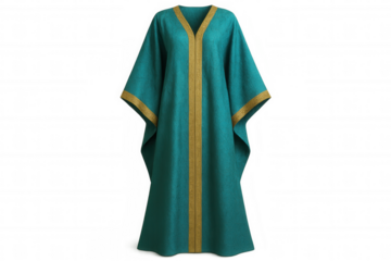 Teal and gold traditional thobe displaying elegant design, flowing fabric details, studio-captured with transparent background