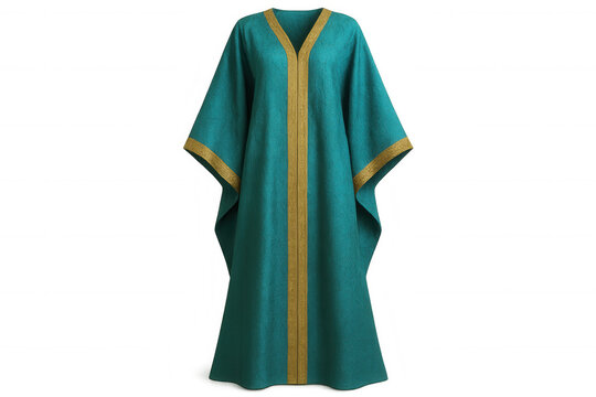 Teal and gold traditional thobe displaying elegant design, flowing fabric details, studio-captured with transparent background