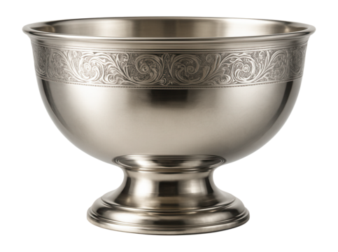 A vintage-style metal punch bowl with elegant engravings for serving drinks at a party.