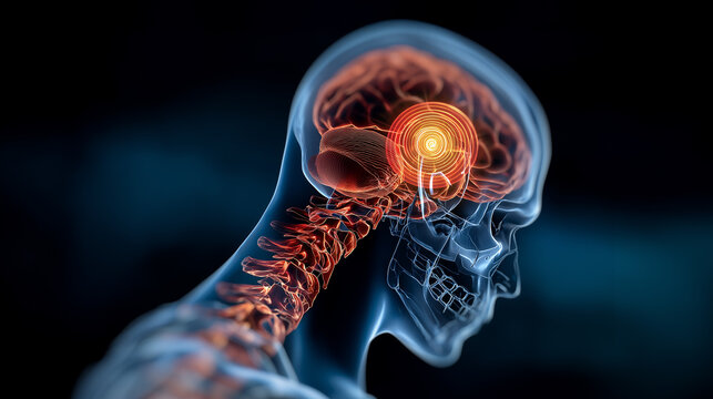 3D medical illustration of human brain and spinal cord with highlighted pain area