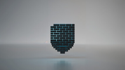 Pixelated shield emblem with a modern geometric design on a light background