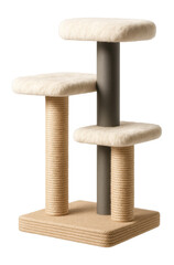 A multi-tiered cat scratching post with a plush shelf for cats to rest on in a living room.