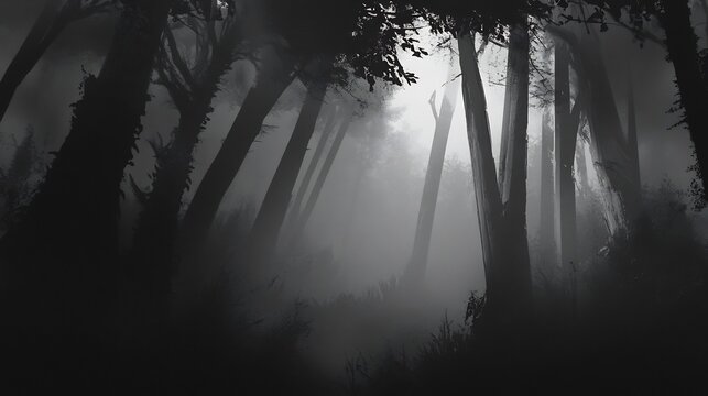 Forest shrouded in a supernatural fog where the trees are tall and sinister their branches heavy with overgrown moss Shadows flicker at the edges and an eerie unnatural silence fills the air