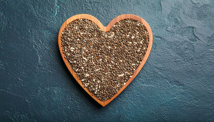 Obraz premium Heart-shaped wooden bowl filled with chia seeds on a dark textured surface.