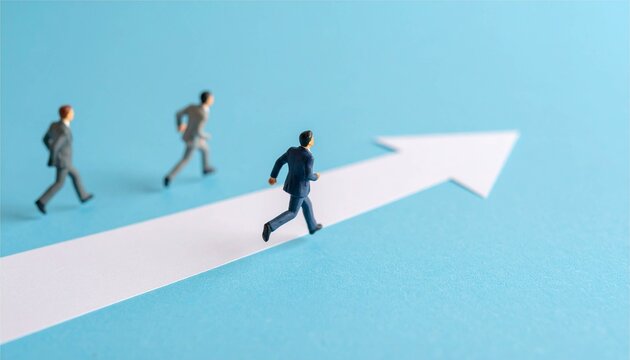 ミニチュア　ビジネス　男性　人物　矢印　走る　目標　未来　上昇　上がる　伸びる　サラリーマン　AI