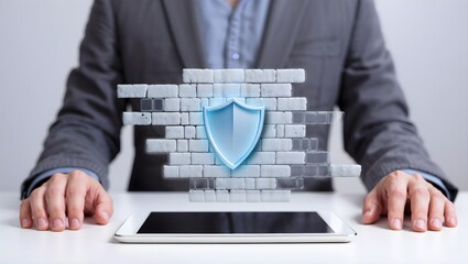 Businessman protected by digital firewall and shield over tablet