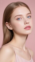 Obraz premium Caucasian woman with blue eyes and natural makeup on a pink background
