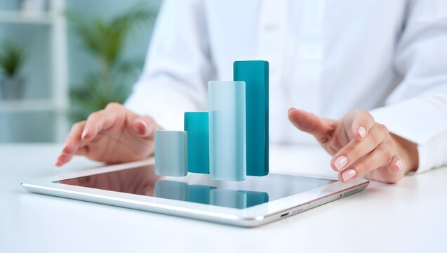 Person interacting with holographic 3d bar graph rising from tablet screen