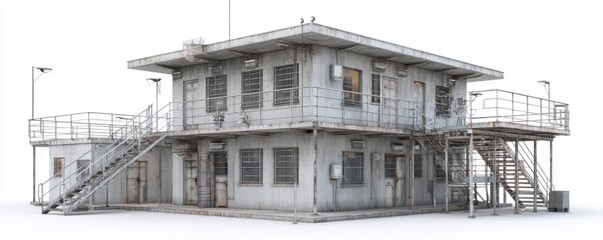 Dilapidated Two Story Concrete Building with External Metal Staircases