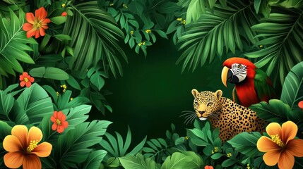 Naklejka premium Lush jungle scene with jaguar and parrot