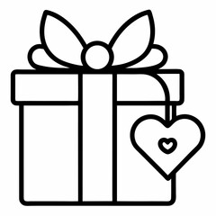 Gift Box with Heart Tag – Line Art Icon Vector in Black and White