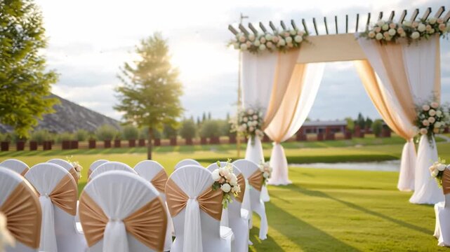 Luxury wedding outdoor ceremony with white chairs decorated beige sashes floral arrangements under draped arch on green grass sunlight golden sashes elegant floral outdoor garden setting during sunset