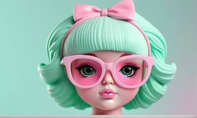 Mint Green Hair Doll with Pink Sunglasses and Bow