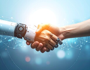 Human and robotic hands shake, symbolizing collaboration and technological advancement