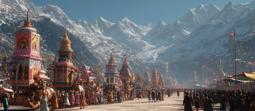 Kullu Dussehra, grand procession in Himachal Pradesh with colorful palanquins carrying deities, surrounded by mountains