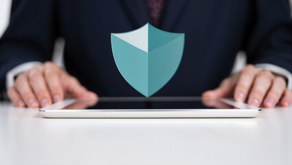 Businessman using tablet with digital security shield overlay
