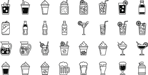 Vector icon sheet of  beverages, including cocktails, smoothies, beers, and more, presented as a line art illustration