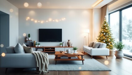 Cozy living room with minimal decor, illuminated seasonal tree and winter landscape outside enhances holiday feelings