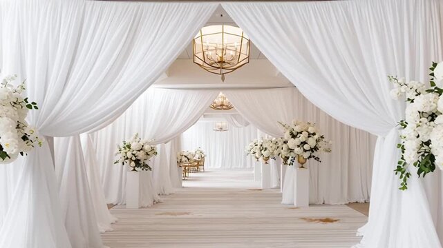 Luxury wedding venue decorated with white draped fabric and elegant floral arrangements creating serene and beautiful atmosphere for memorable and special celebration