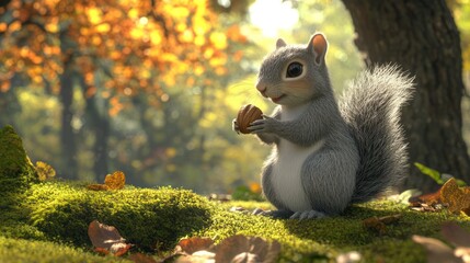 Adorable squirrel sits on mossy ground, holding a nut, autumn leaves surround