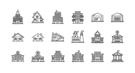 Collection of various architectural building icons, showcasing different structures and designs in outline form.