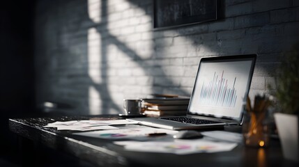 Organized office desk with laptop and analytical charts