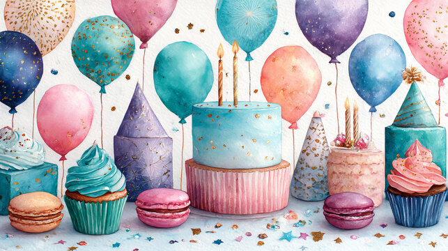 Happy Birthday. Birthday greeting cards. Flyer, booklet, leaflet concept with flat illustrations. Invitation to the celebration. Printable cards. Birthday cake, candles, balloons. 