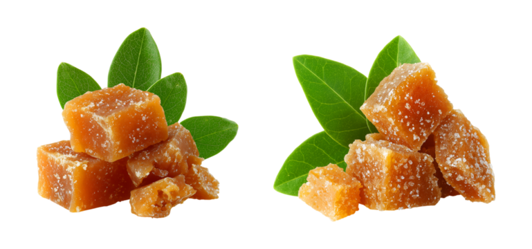 A pile of loose brown sugar and shaped sugar cubes isolated on a transparent background