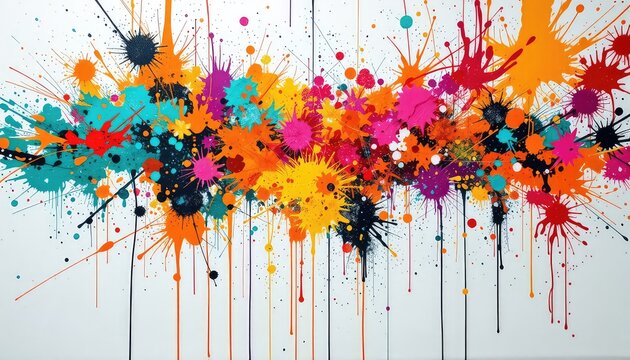 Vibrant Splatter Burst An Abstract Composition with Dynamic Ink Blobs and Dripping Trails on a Clean White Canvas