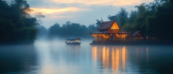 Obraz premium Serene Misty Morning Over Traditional Waterfront House at Dusk
