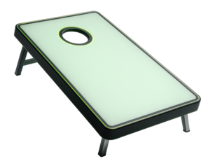 Glow-in-the-dark cornhole set with LED ring lights around the hole for nighttime play