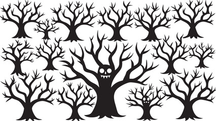 Spooky Forest Silhouette with Scary Tree Faces for Halloween Designs and Decorations