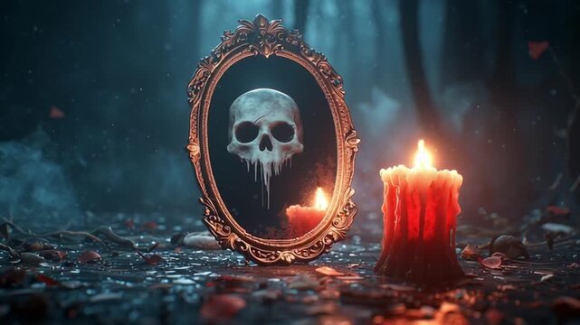 A 3D cartoon haunted mirror with creepy reflection